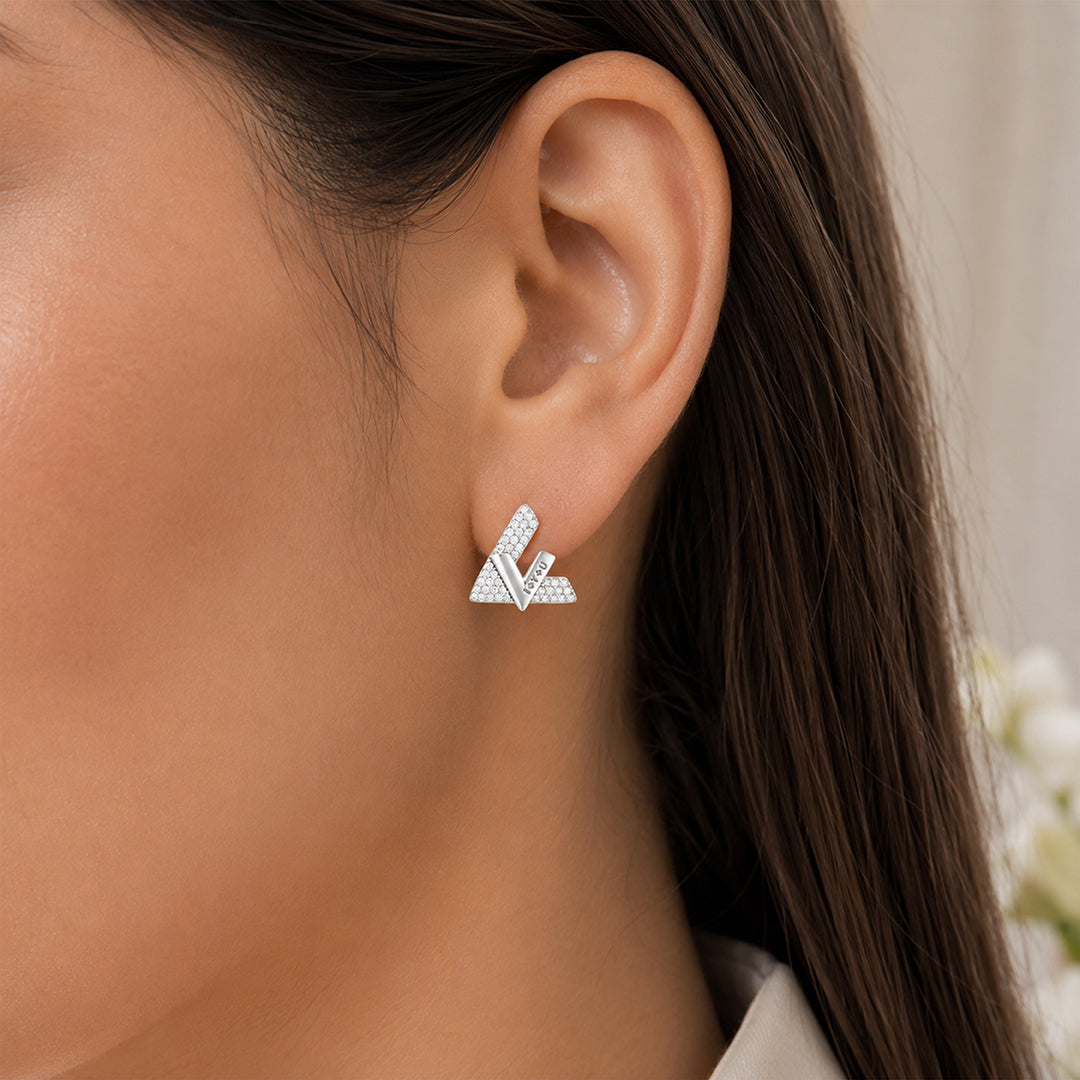 I Love You V Shape Silver Stud Earrings