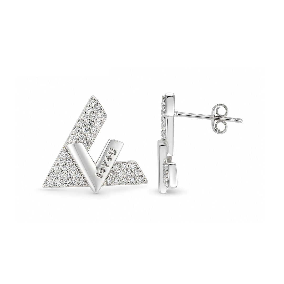 I Love You V Shape Silver Stud Earrings