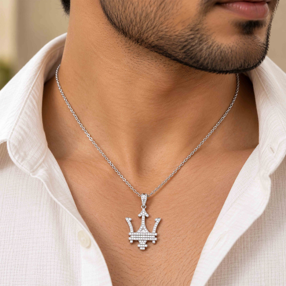 Iced Trident Emblem Sterling Silver Pendant