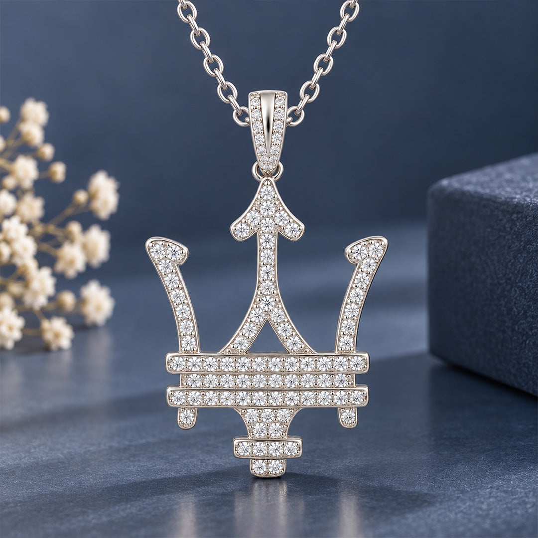 Iced Trident Emblem Sterling Silver Pendant