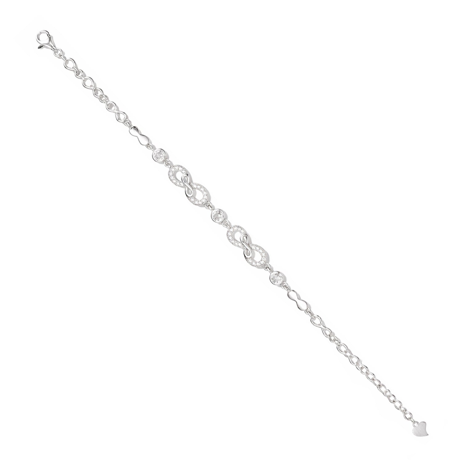 Silver bracelet with intricate links on a white background