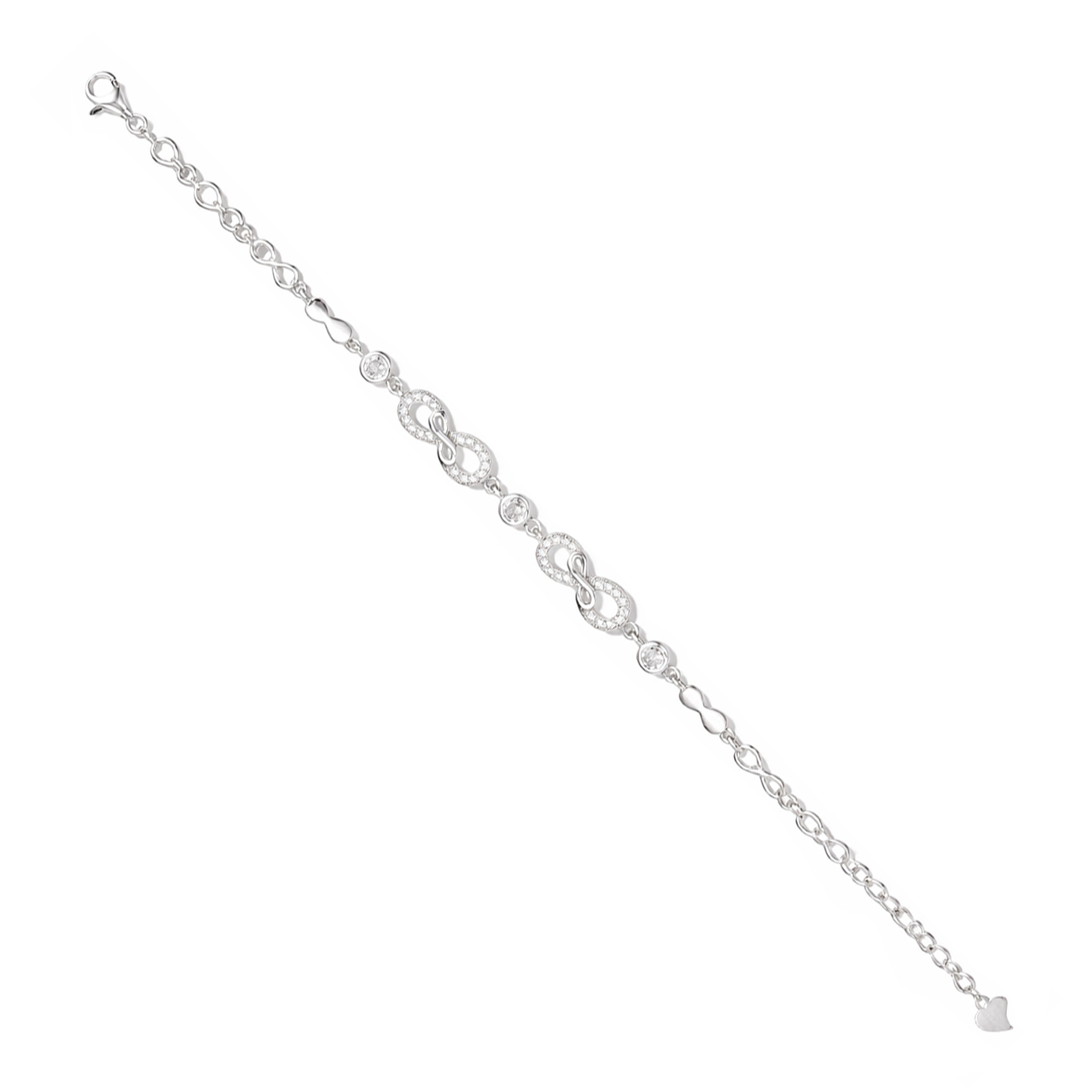 Silver bracelet with intricate links on a white background