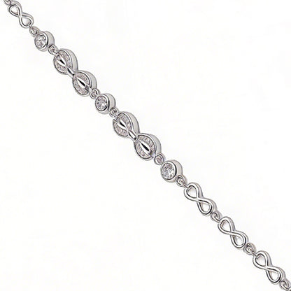 Silver bracelet with interlocking design on a white background