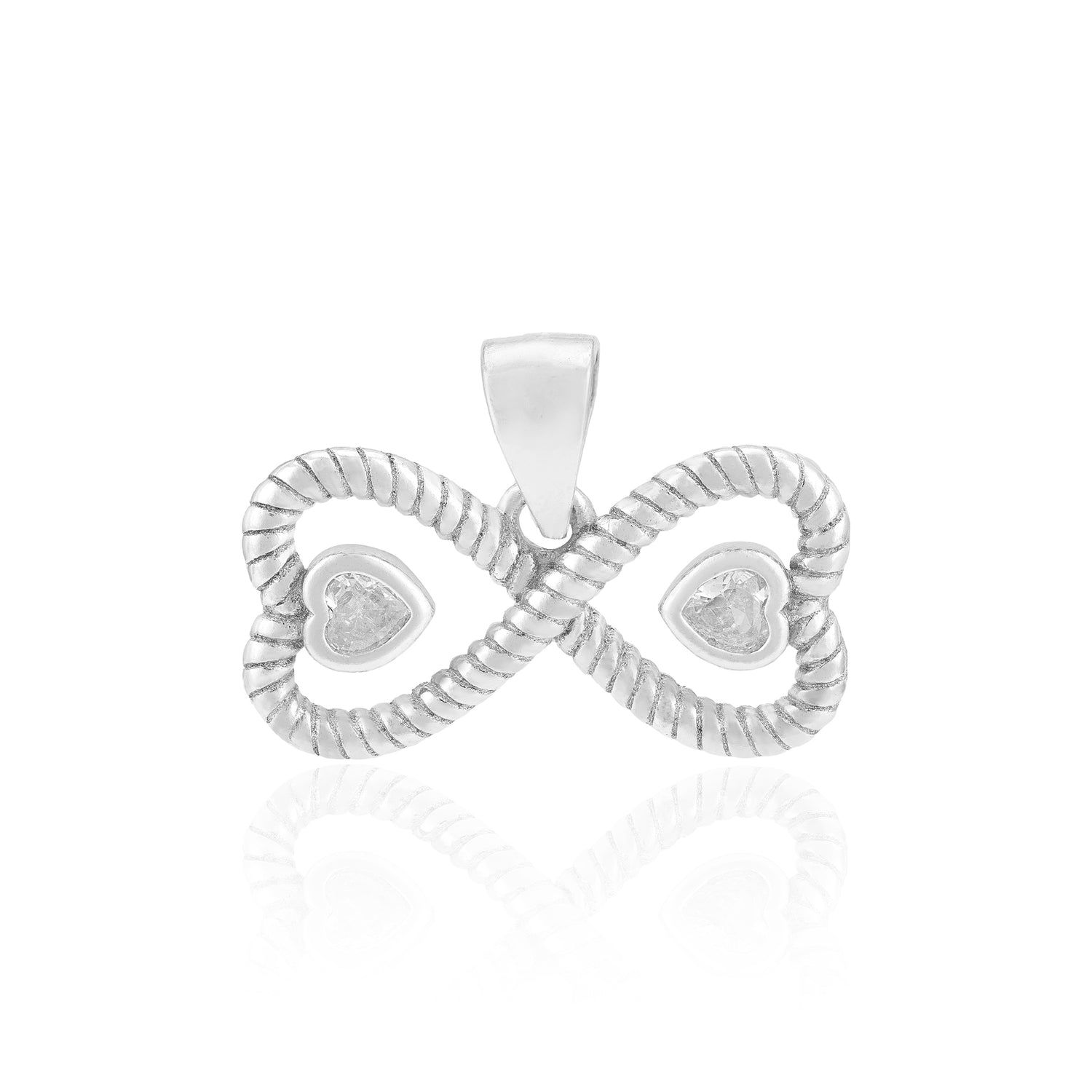 Silver pendant shaped like an infinity symbol with heart designs on a white background
