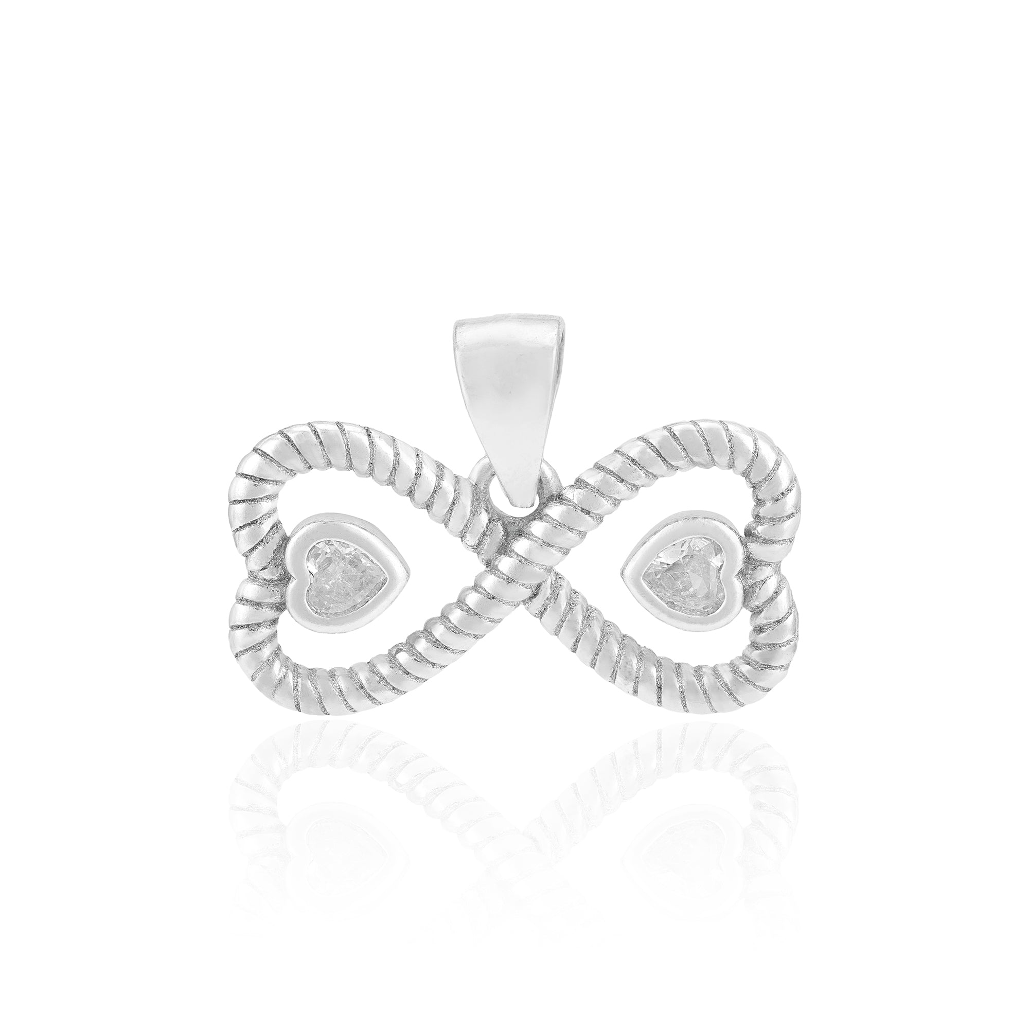 Silver pendant shaped like an infinity symbol with heart designs on a white background