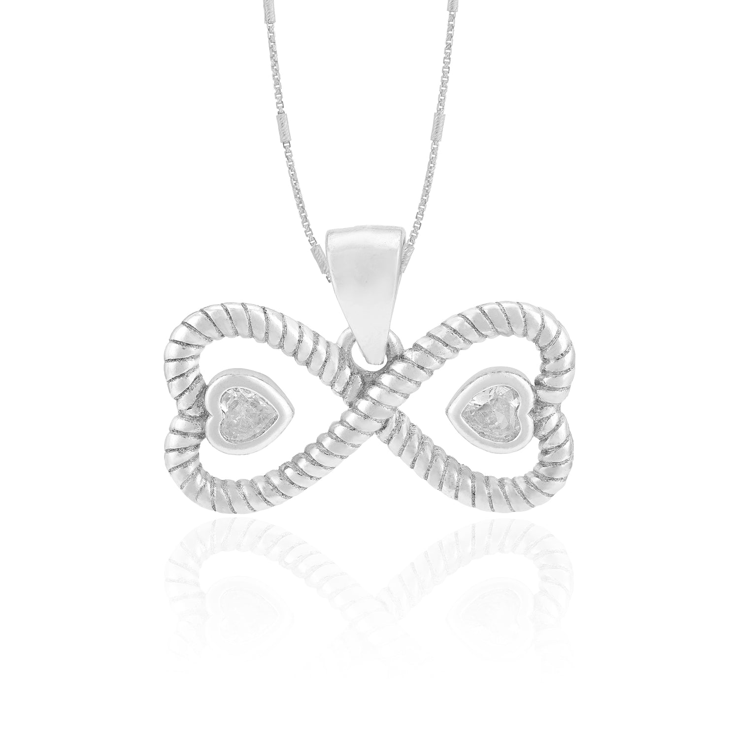 Silver necklace with a heart-shaped pendant on a white background