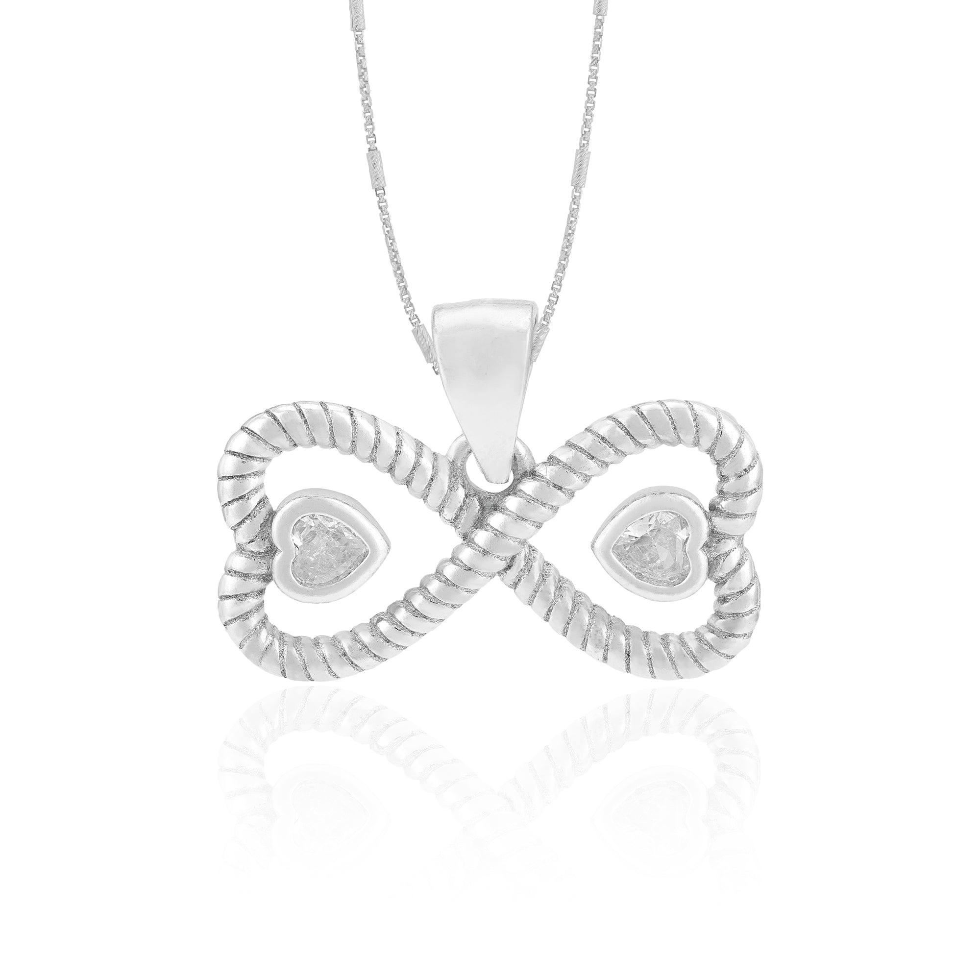 Silver necklace with a heart-shaped pendant on a white background