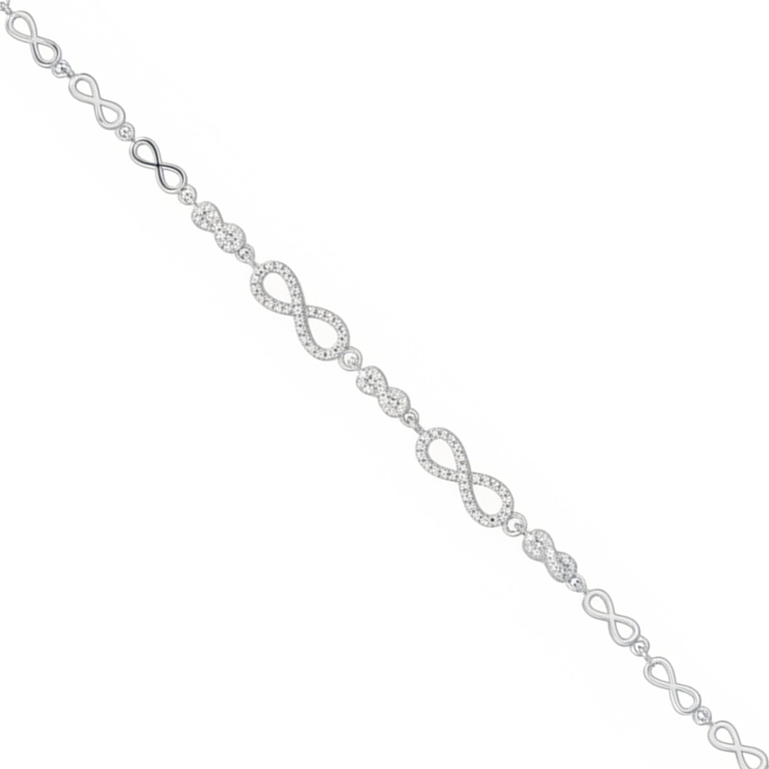 Silver infinity link bracelet on a white background