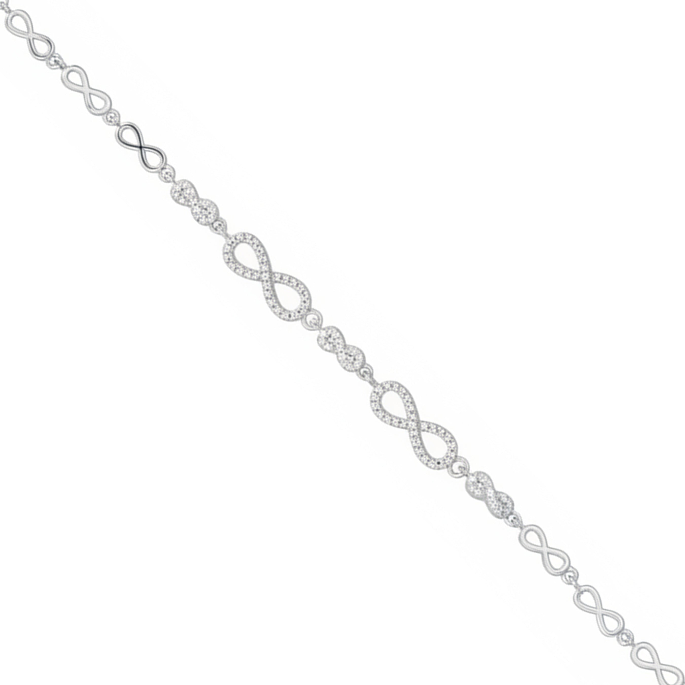 Silver infinity link bracelet on a white background