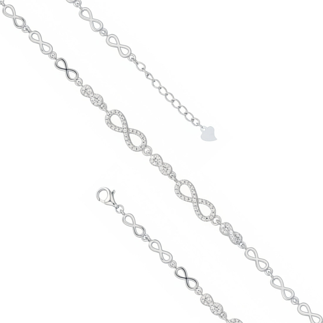 Silver chain with infinity symbol on a white background