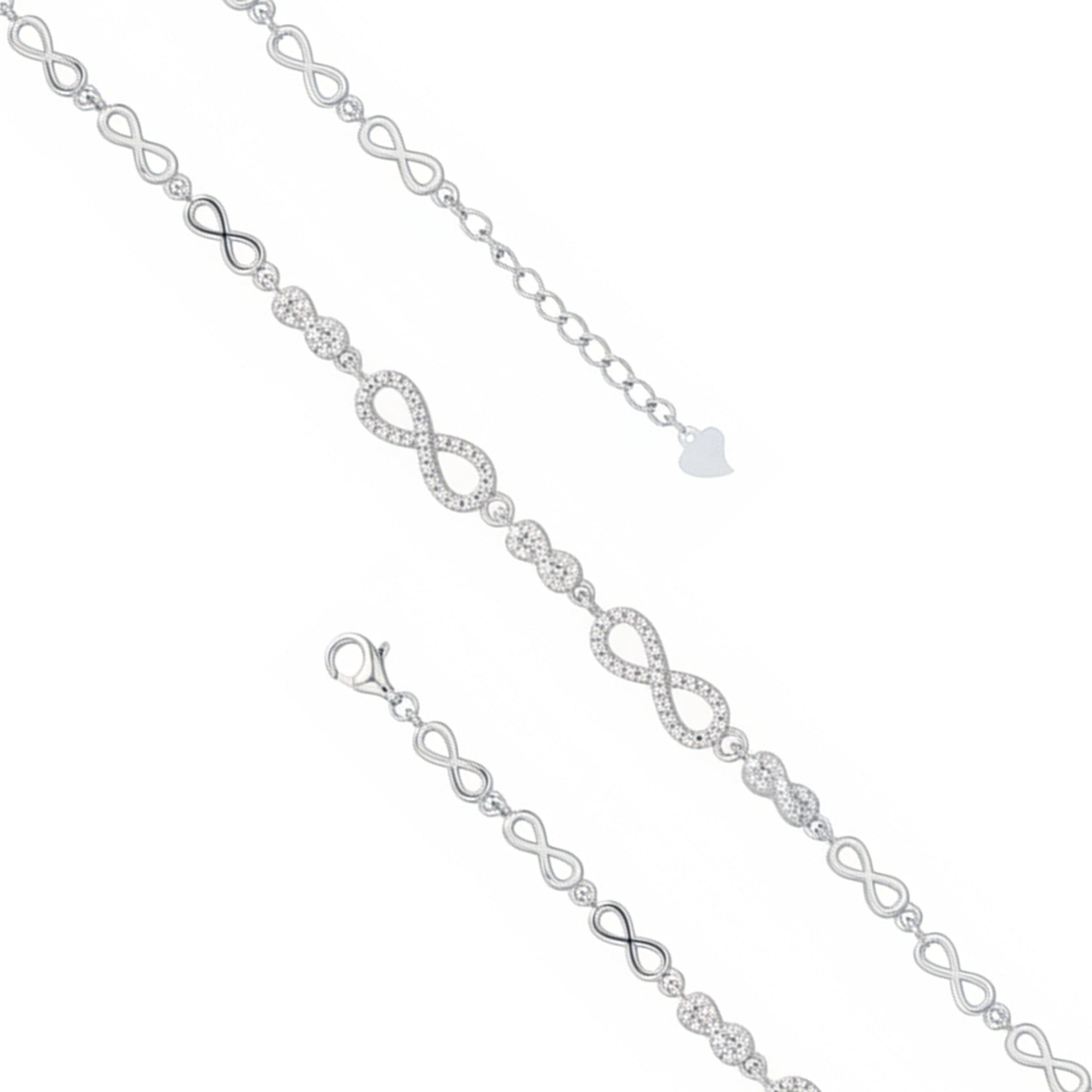 Silver chain with infinity symbol on a white background