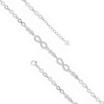 Silver chain with infinity symbol on a white background