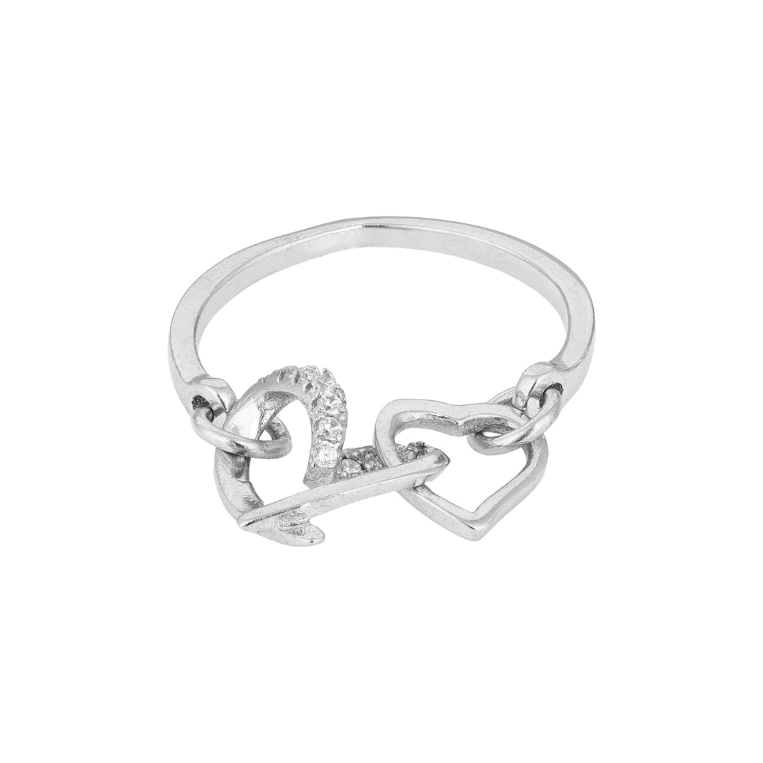 Interlocked Heart Silver Ring with Stone Detail