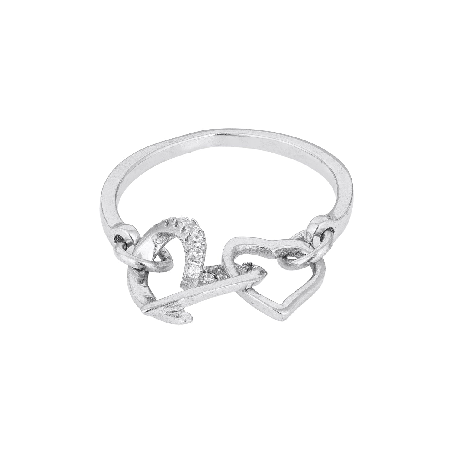 Interlocked Heart Silver Ring with Stone Detail