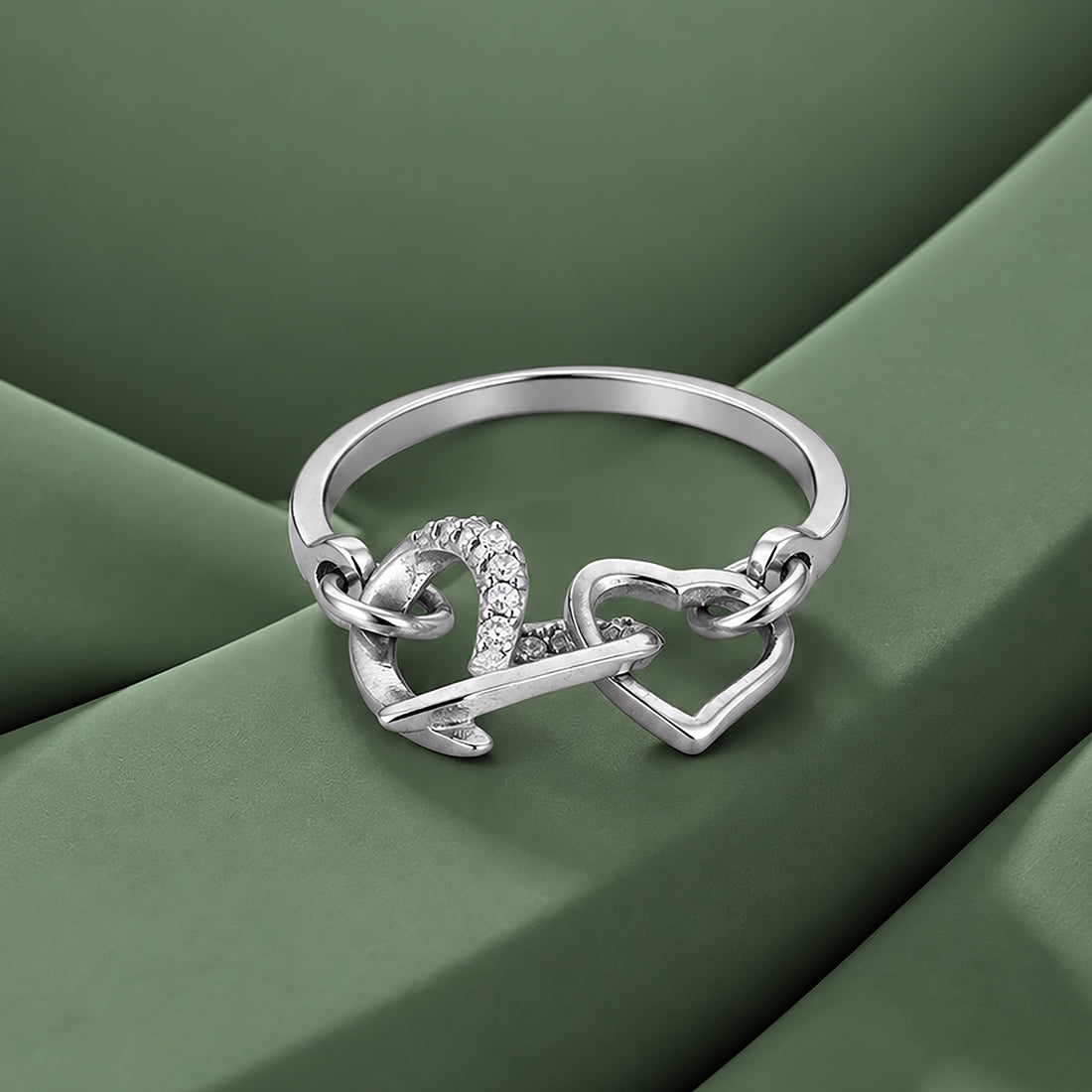 Interlocked Heart Silver Ring with Stone Detail