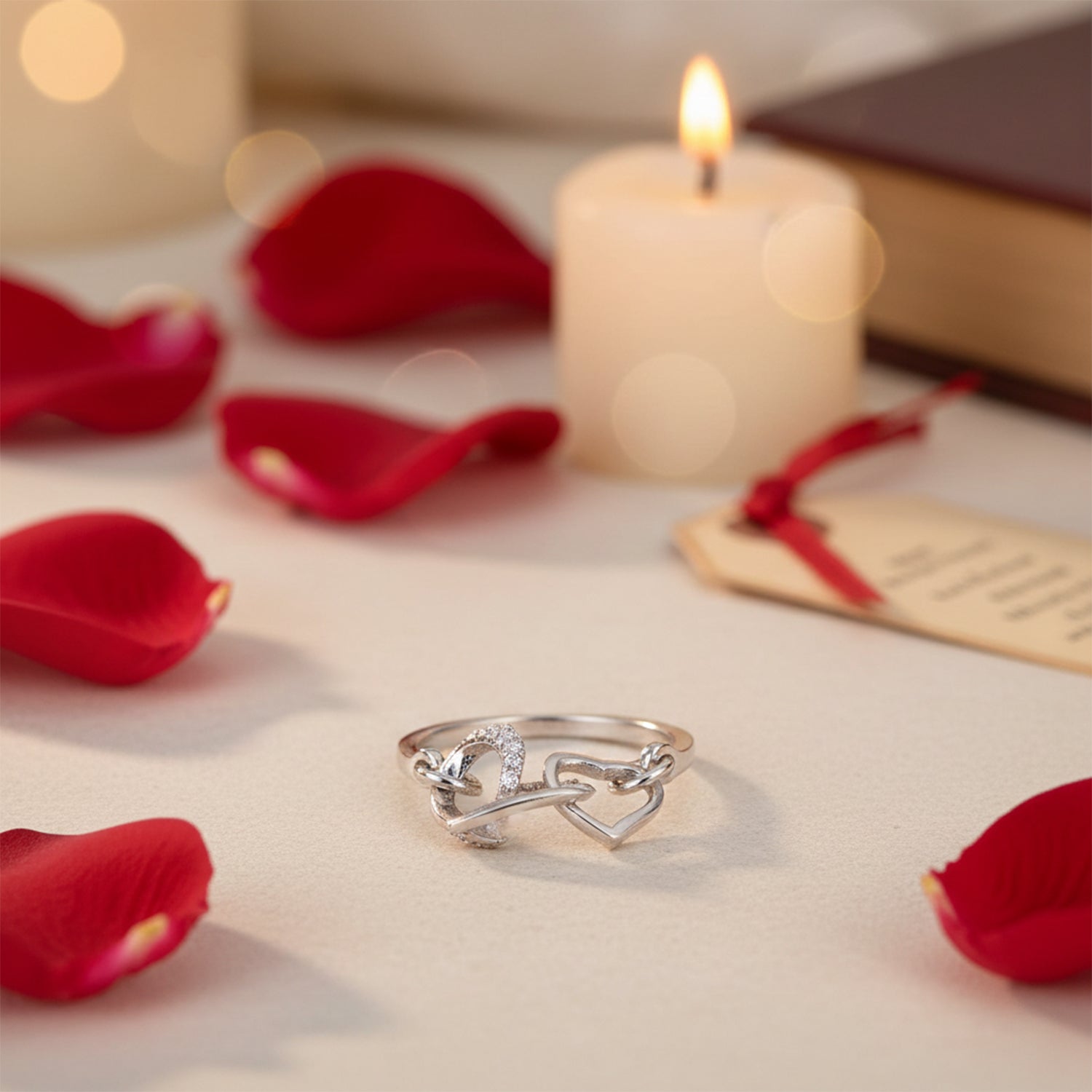 Interlocked Heart Silver Ring with Stone Detail