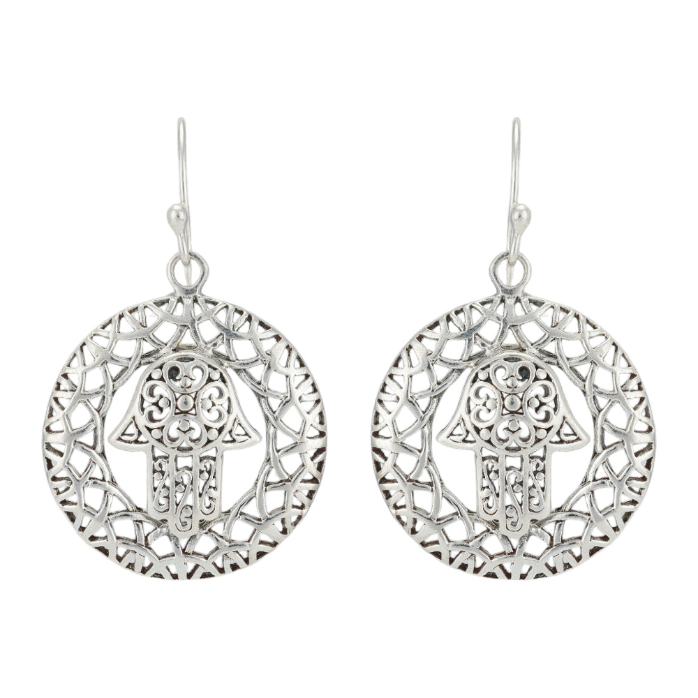 Intricate Hand of Fatima  925 Rhodium Plated Filigree Earrings