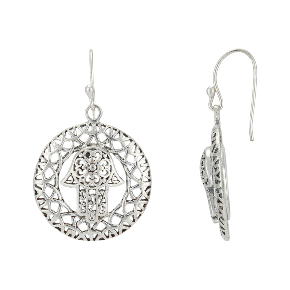 Intricate Hand of Fatima  925 Rhodium Plated Filigree Earrings