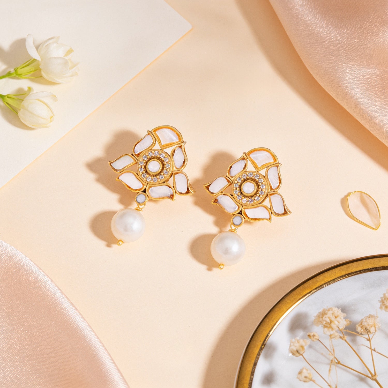Ivory Bloom Kundan 925 Sterling Silver Earrings for Women