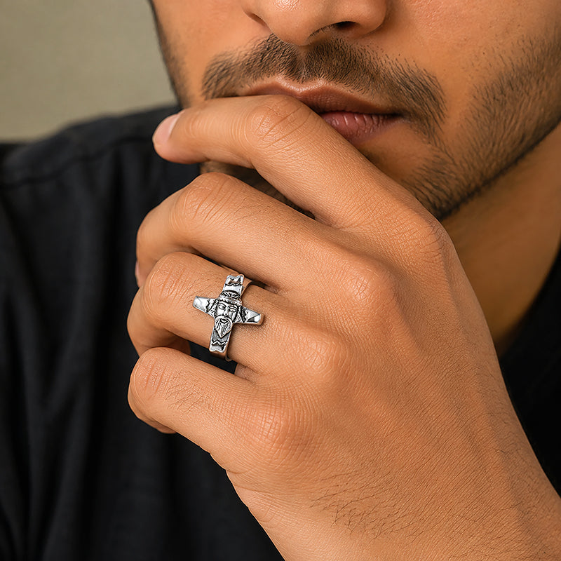 Jesus Face Cross Sterling Silver Ring