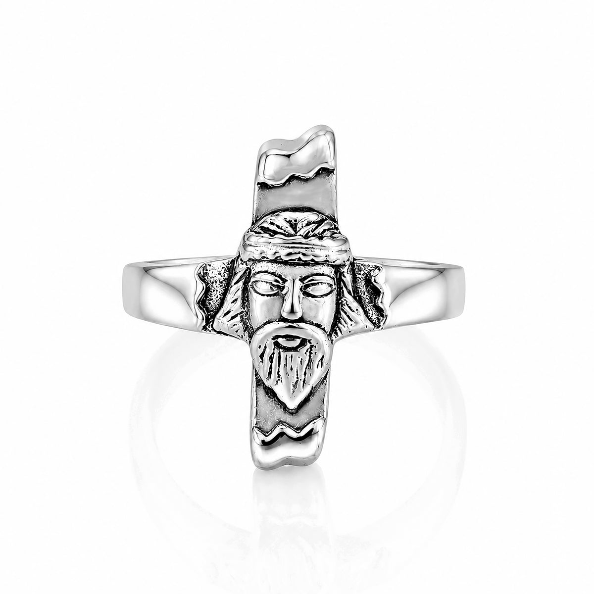 Jesus Face Cross Sterling Silver Ring