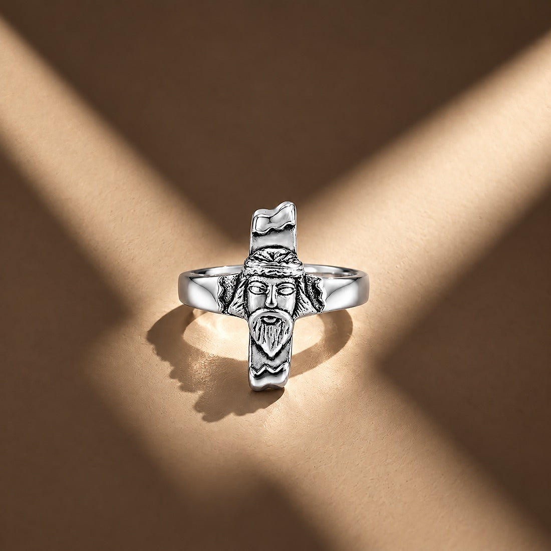 Jesus Face Cross Sterling Silver Ring