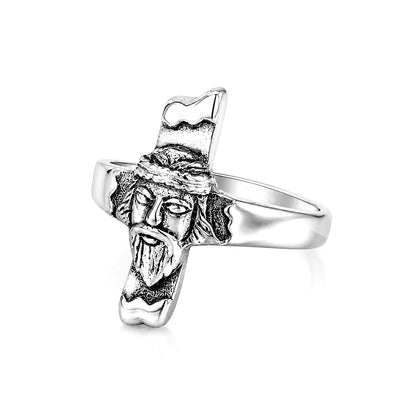 Jesus Face Cross Sterling Silver Ring