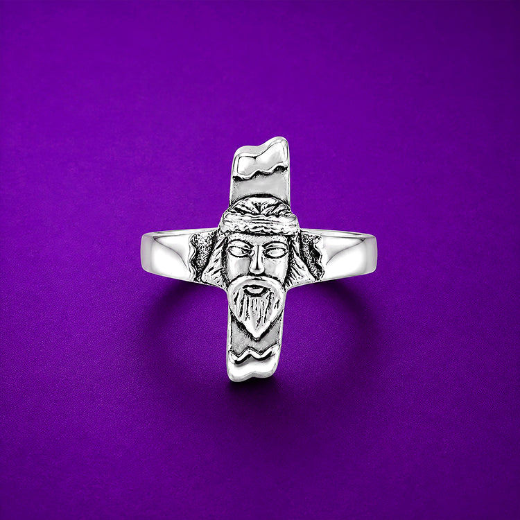 Jesus Face Cross Sterling Silver Ring