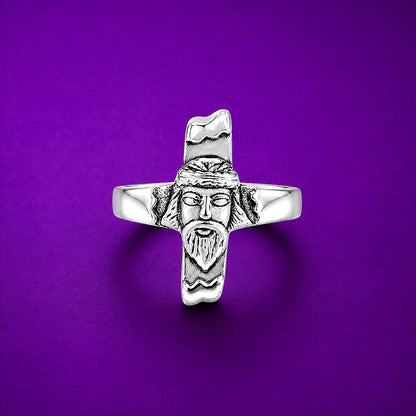Jesus Face Cross Sterling Silver Ring