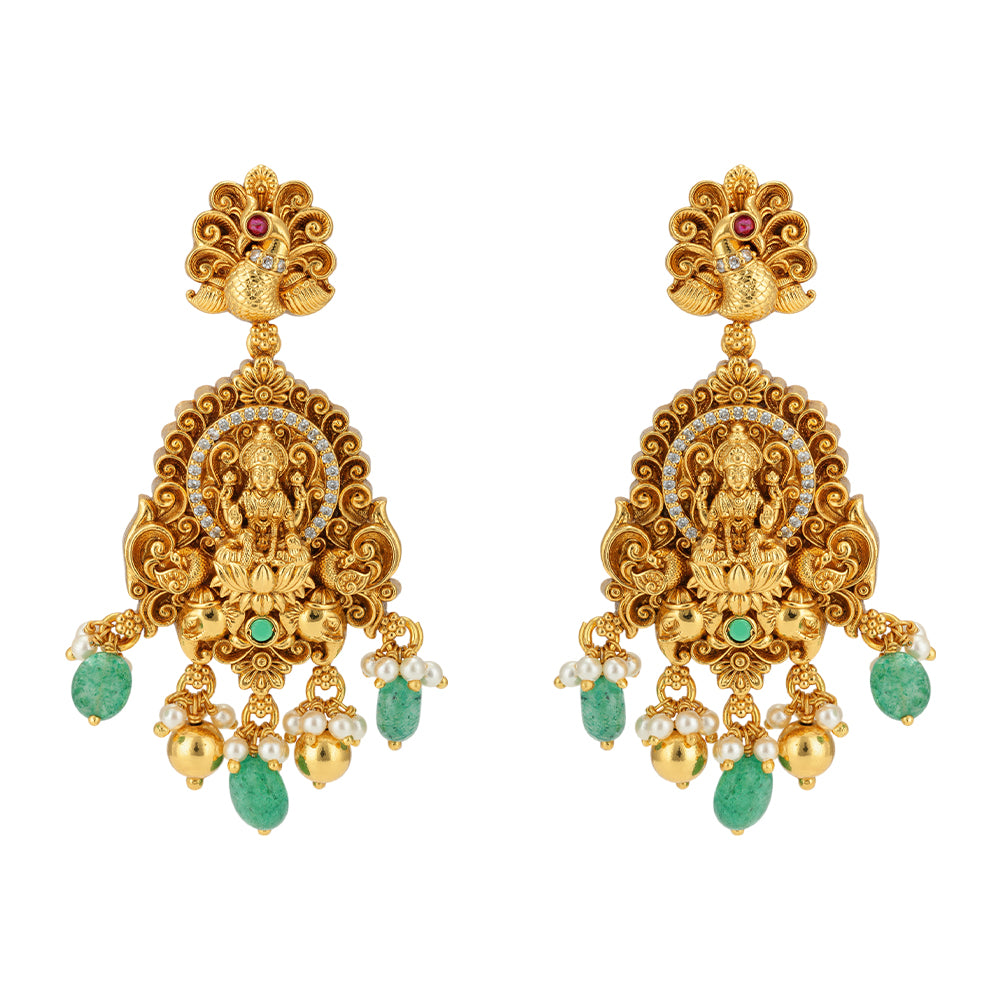 Lakshmi Nagas Peacock Infused 925 Gold Plated Green Pearls Drop Earrings