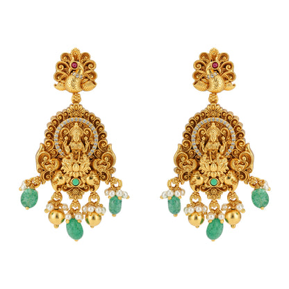 Lakshmi Nagas Peacock Infused 925 Gold Plated Green Pearls Drop Earrings