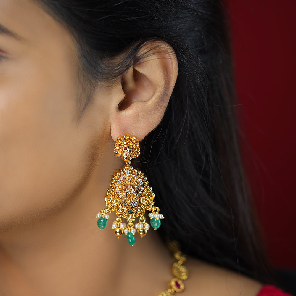 Lakshmi Nagas Peacock Infused 925 Gold Plated Green Pearls Drop Earrings