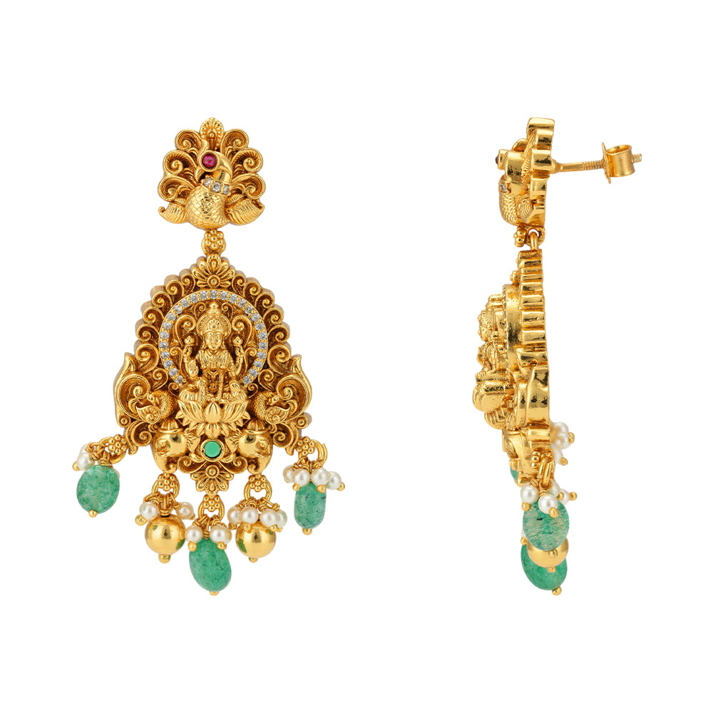 Lakshmi Nagas Peacock Infused 925 Gold Plated Green Pearls Drop Earrings