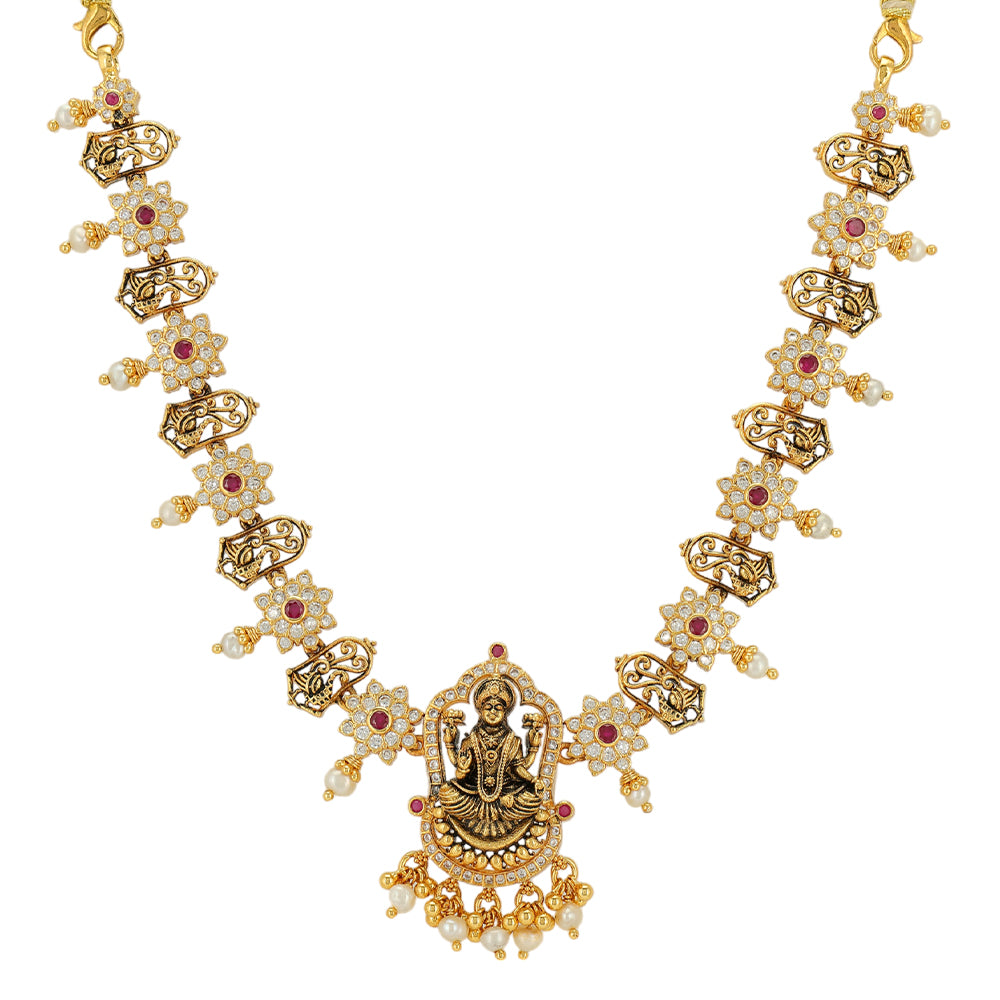Lakshmi Vigraham Detail 925 Gold Plated Stoned Flowers Necklace