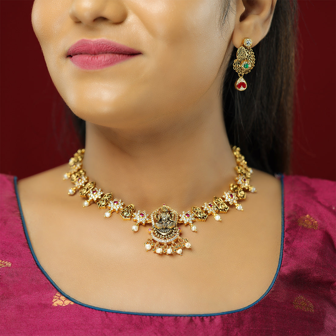 Lakshmi Vigraham Detail 925 Gold Plated Stoned Flowers Necklace