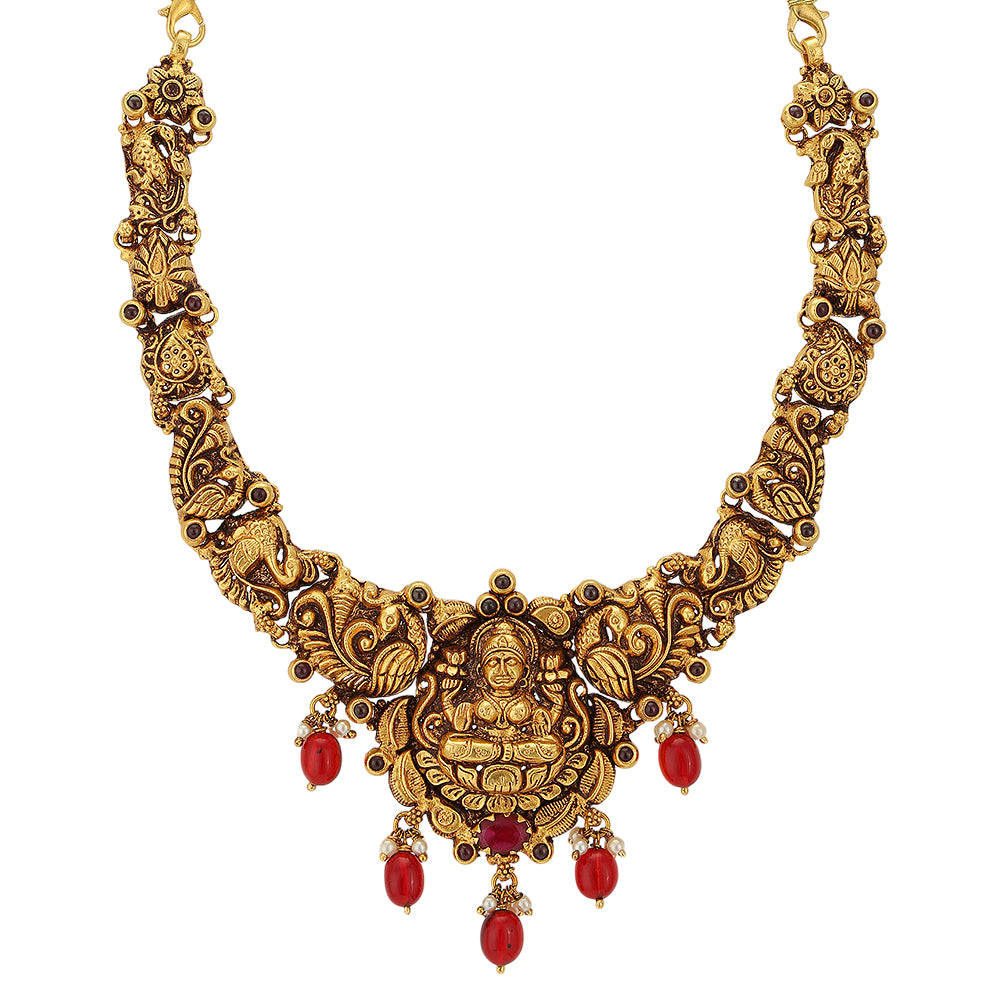 Lakshmi’s Glory Peacock Plumage 925 Gold Plated Coral Drops Necklace