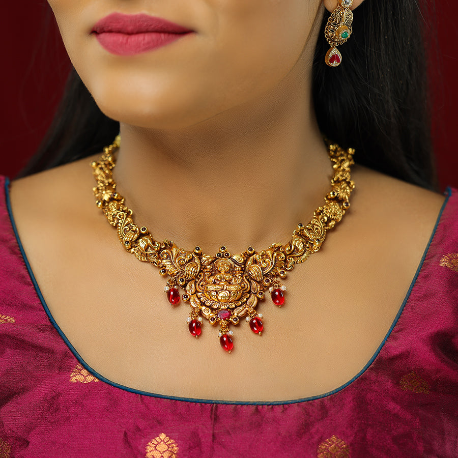 Lakshmi’s Glory Peacock Plumage 925 Gold Plated Coral Drops Necklace