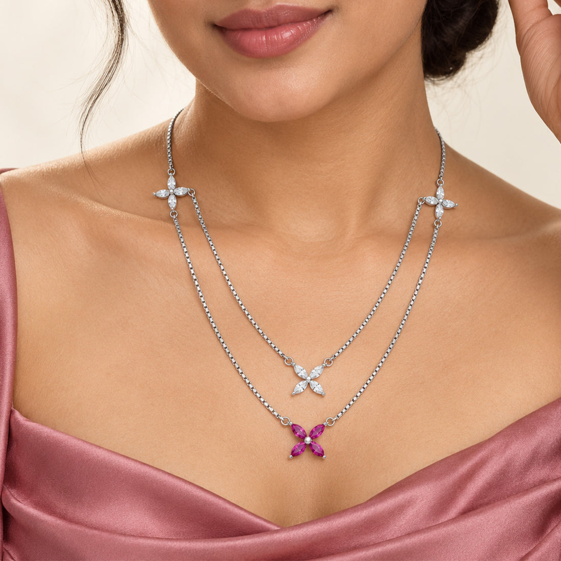 Layered Pink Flower Sterling Silver Chain