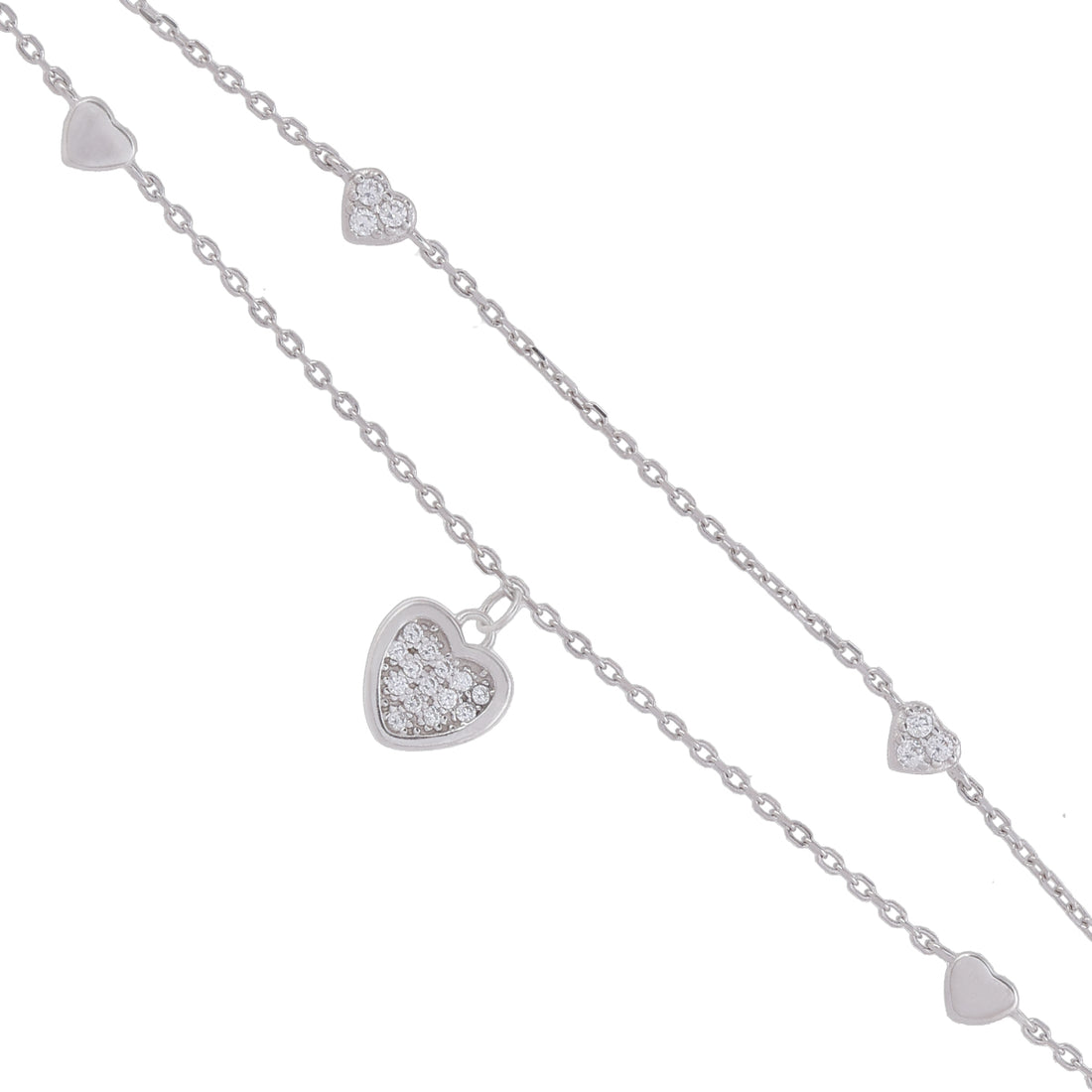 Layered Chain 925 Rhodium Dramatic Heart Drop Bracelets