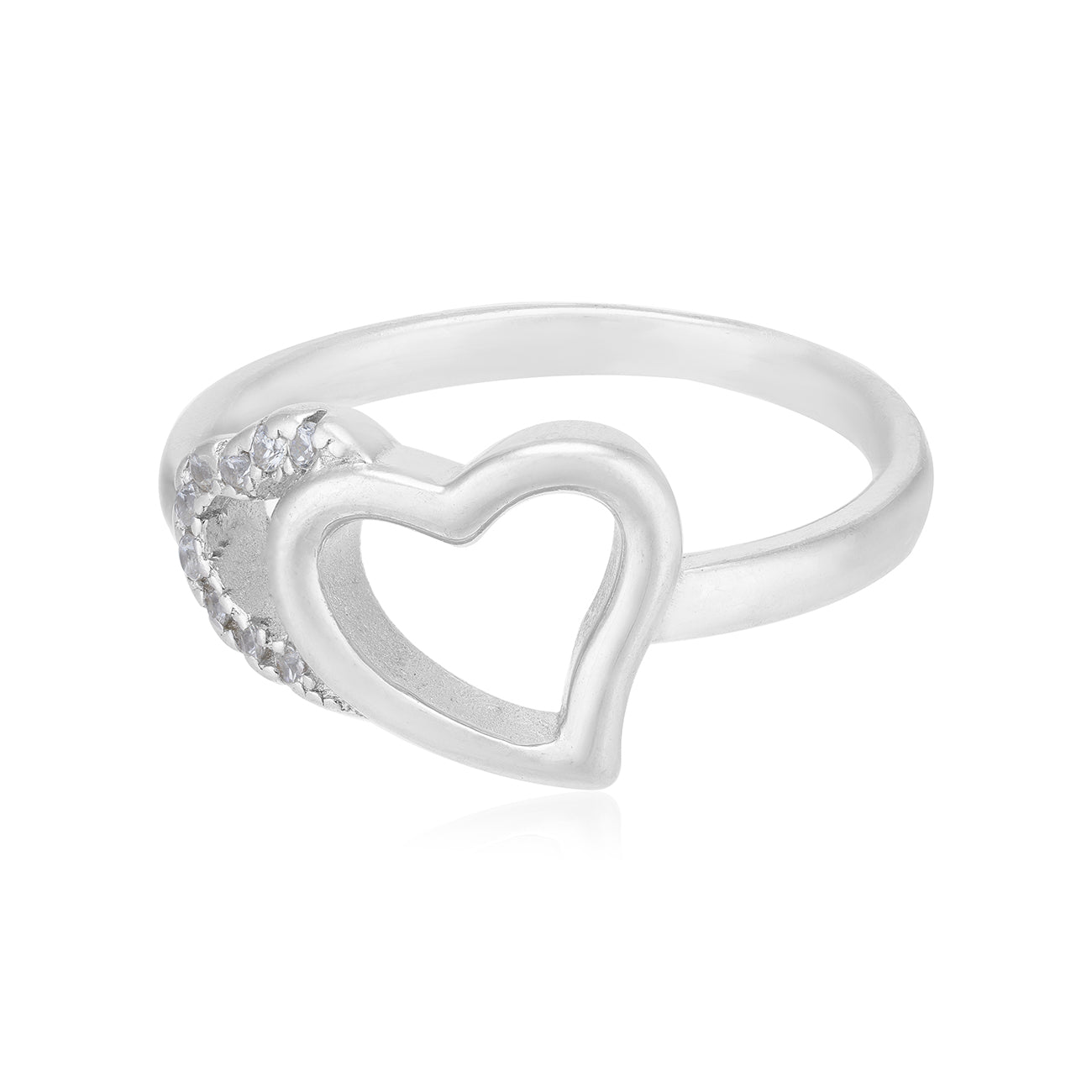 Layered Heart Rhodium Sleek Stone Ring