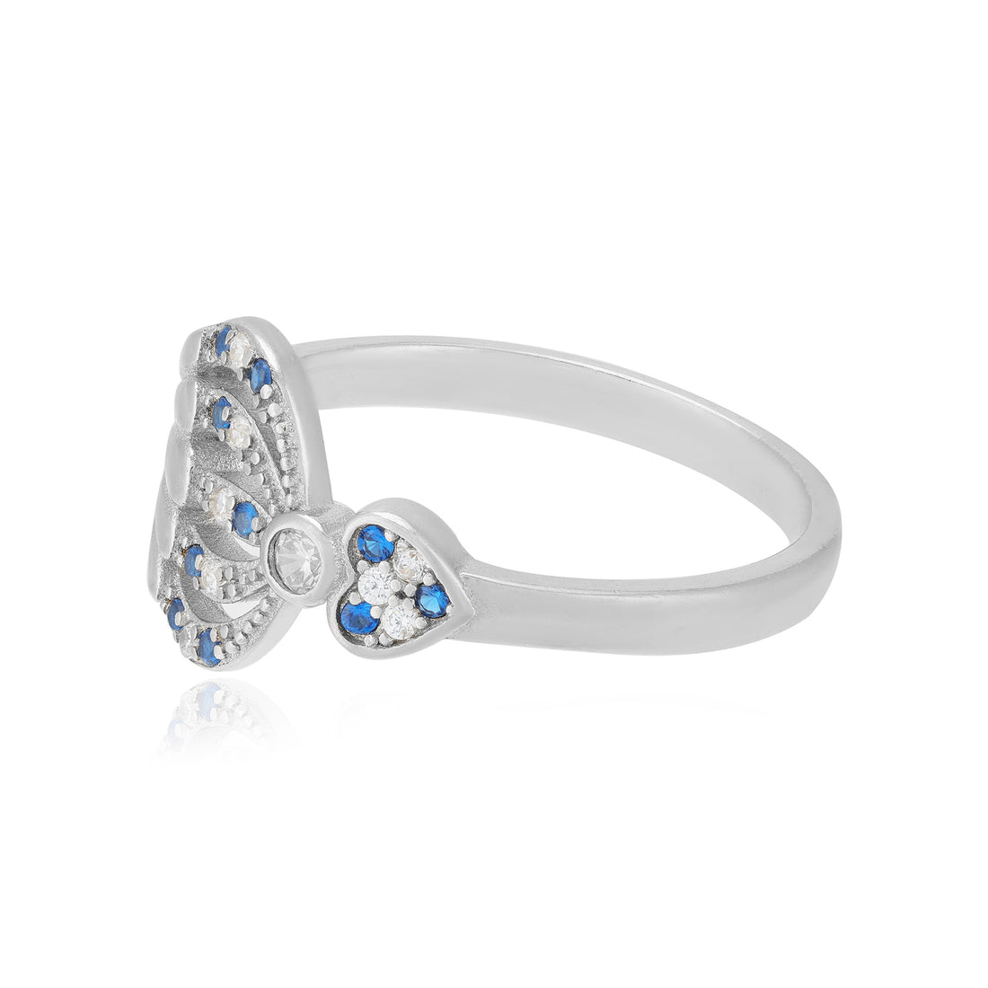 Layered Pattern Blue White Fusion Rhodium Plated Heart Rings