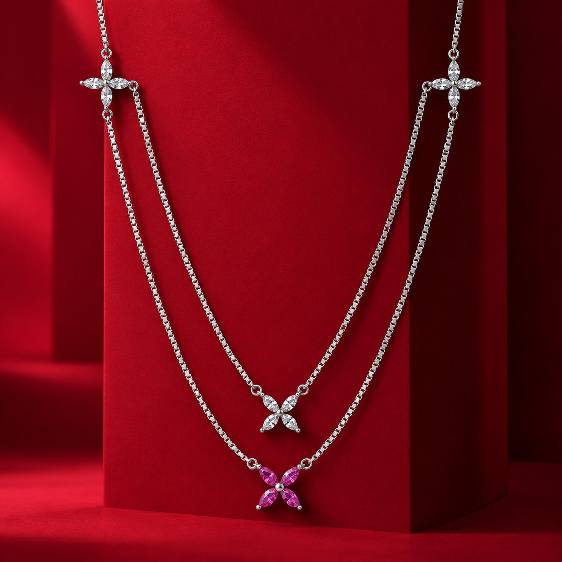 Layered Pink Flower Sterling Silver Chain
