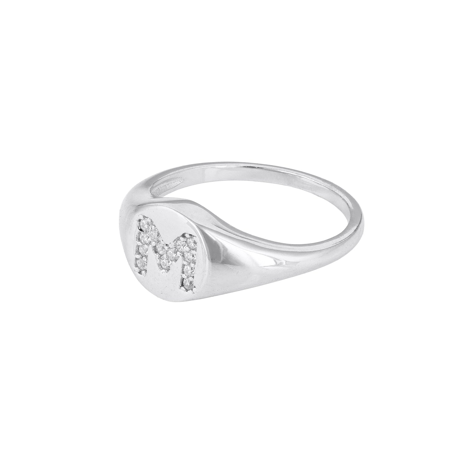 Letter M Silver Ring with White Stone Detailing