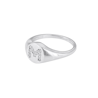 Letter M Silver Ring with White Stone Detailing