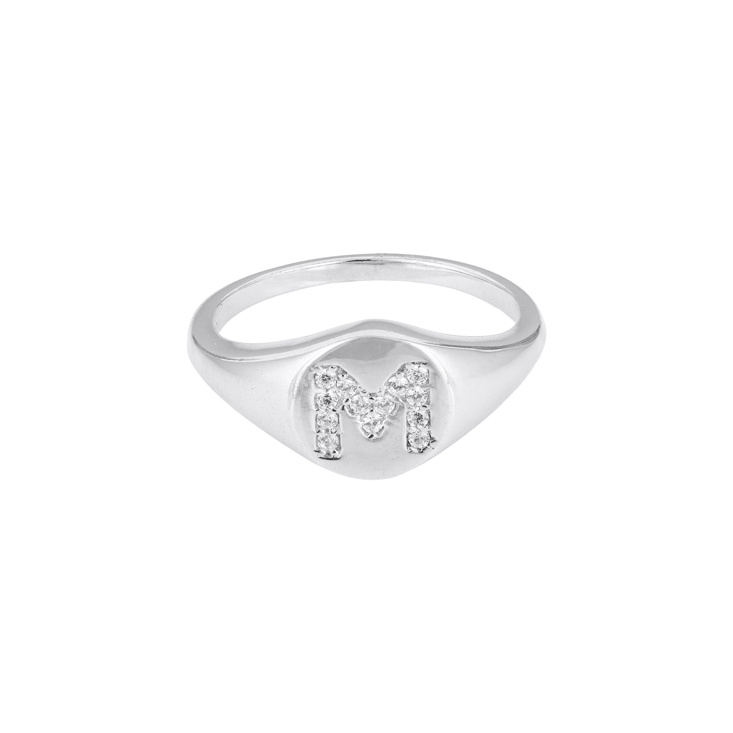 Letter M Silver Ring with White Stone Detailing