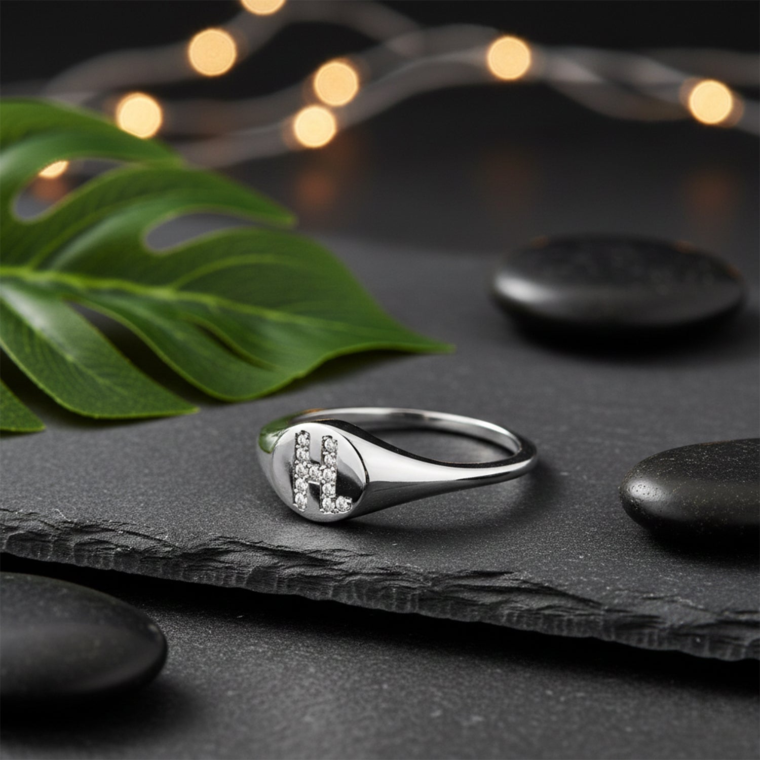 Letter H Silver Ring with Crystal Detailing