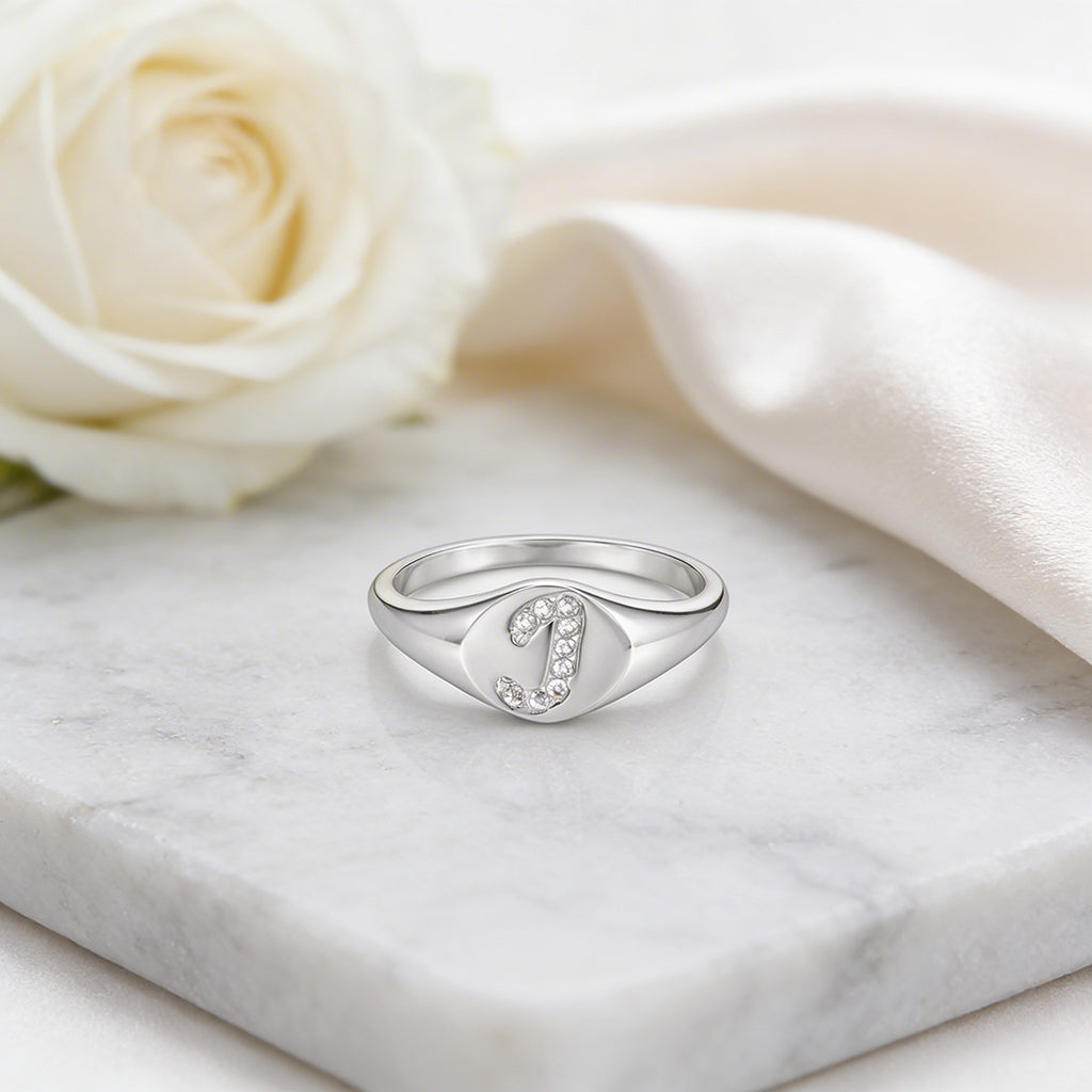 Letter J Oval Signet 925 Sterling Silver Ring for Women