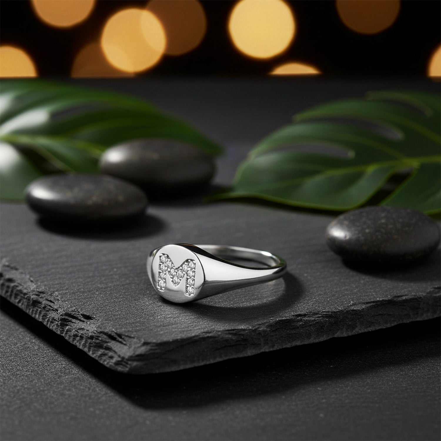 Letter M Silver Ring with White Stone Detailing