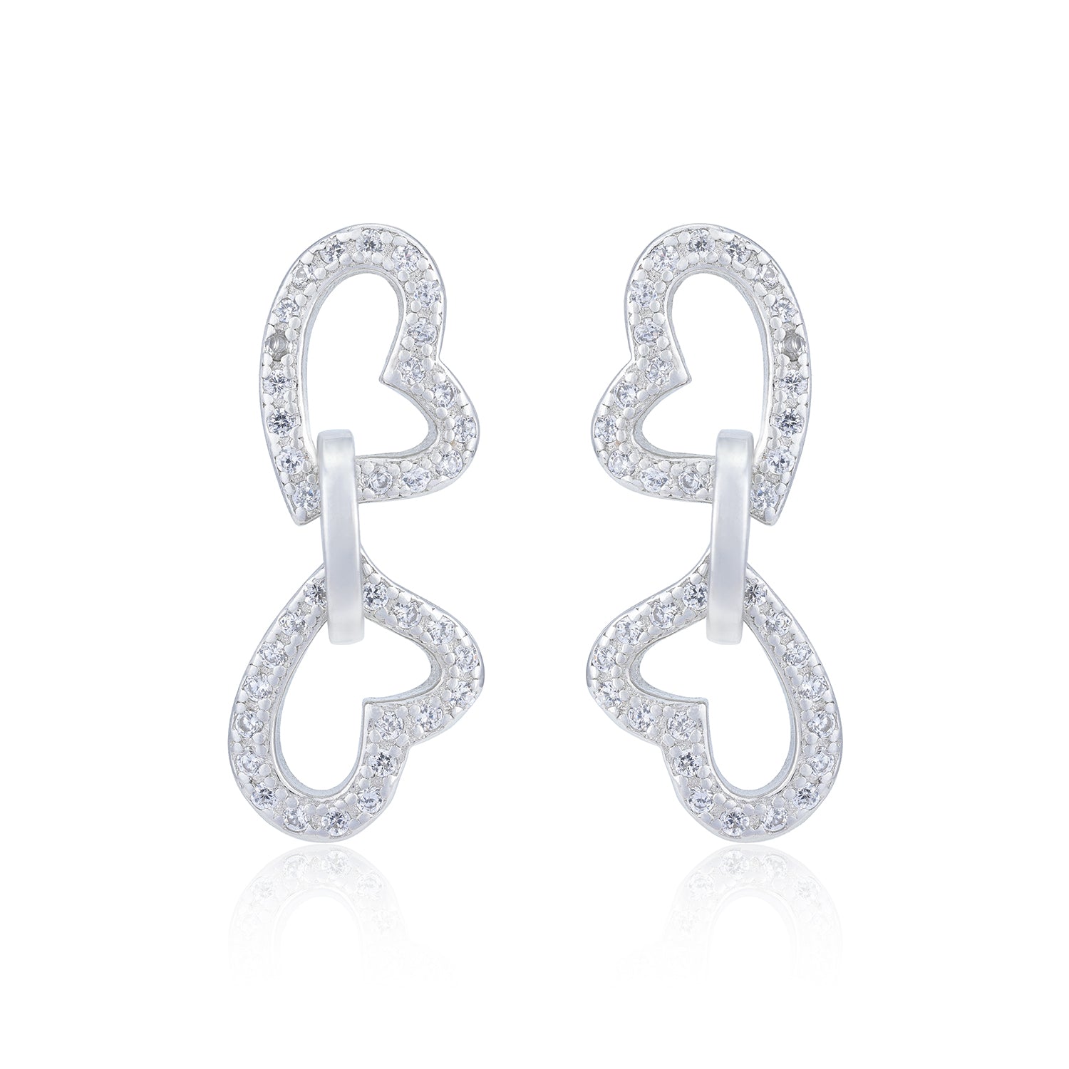 Linked Hearts Shimmering Stoned Rhodium Plated Studs