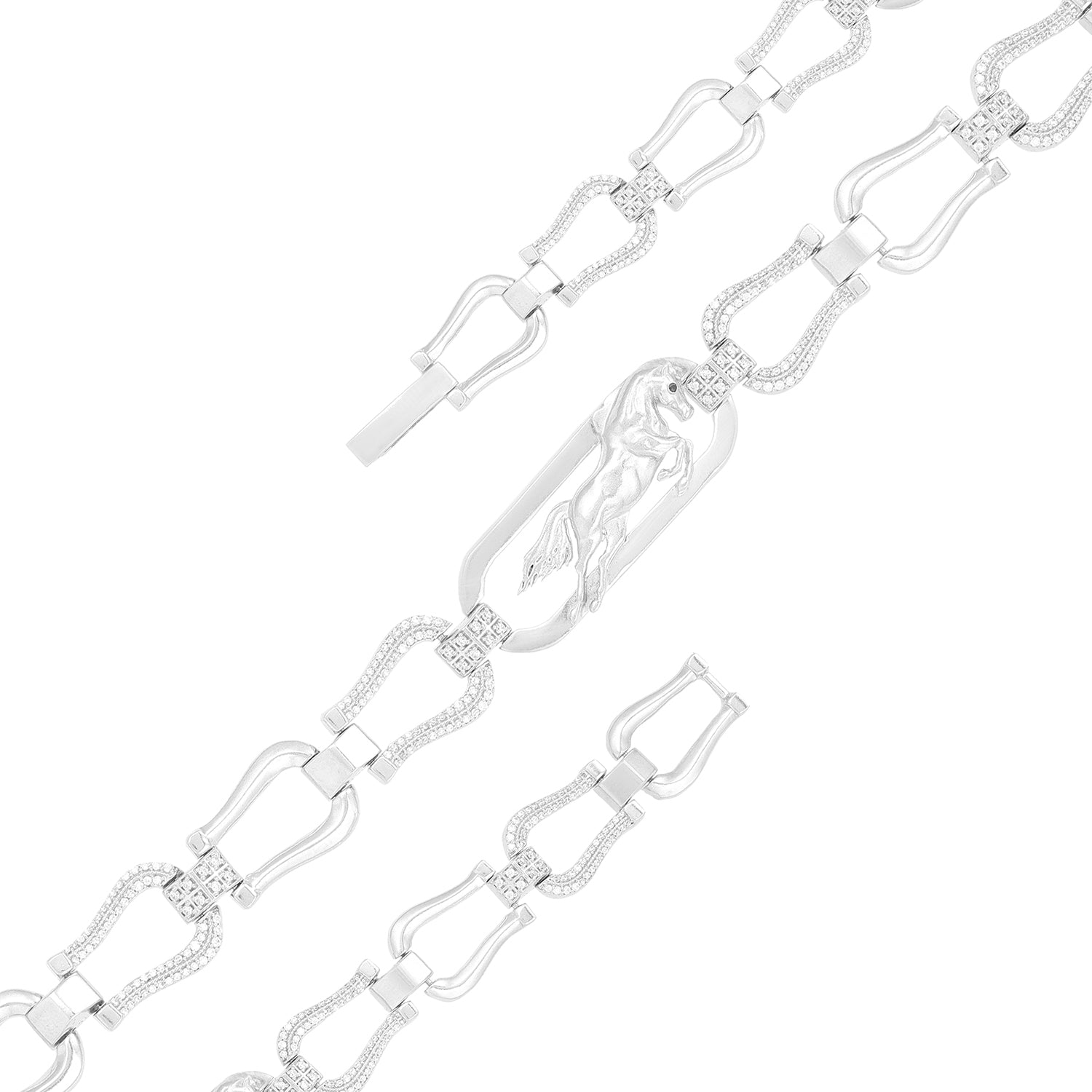 Long Curved Curb Rhodium Plated Bracelet 
